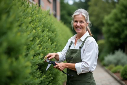 Femme souriante taillant un buisson de romarin dans le jardin