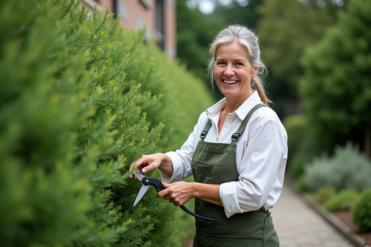 Femme souriante taillant un buisson de romarin dans le jardin