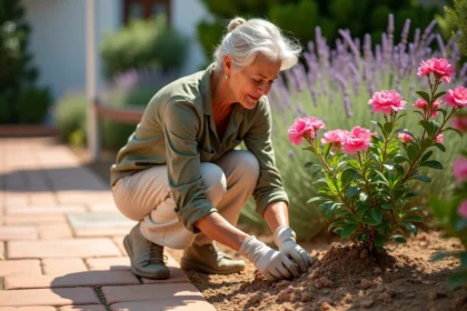 Jardinière inspectant les racines d'un laurier rose en pleine floraison dans un jardin méditerranéen avec dallage en terre cuite