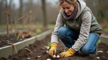 Femme en jardinage plantant des oignons au printemps