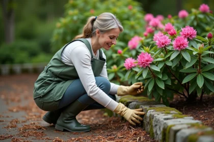 Femme en vêtements de jardinage vérifiant un rhododendron en fleurs