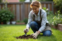 Femme jardinant avec un échantillon de terre dans un jardin
