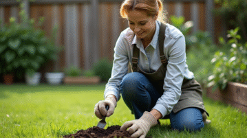 Femme jardinant avec un échantillon de terre dans un jardin