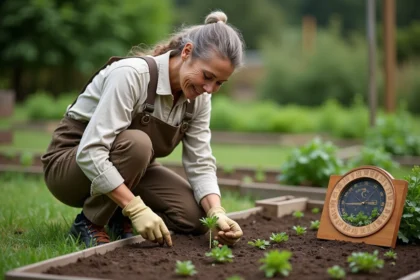 Femme en jardinage semant du persil dans le sol