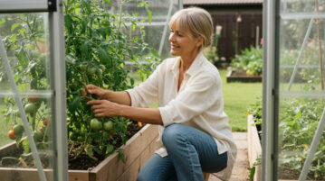Femme d'âge moyen dans une serre s'occupant de tomates vertes