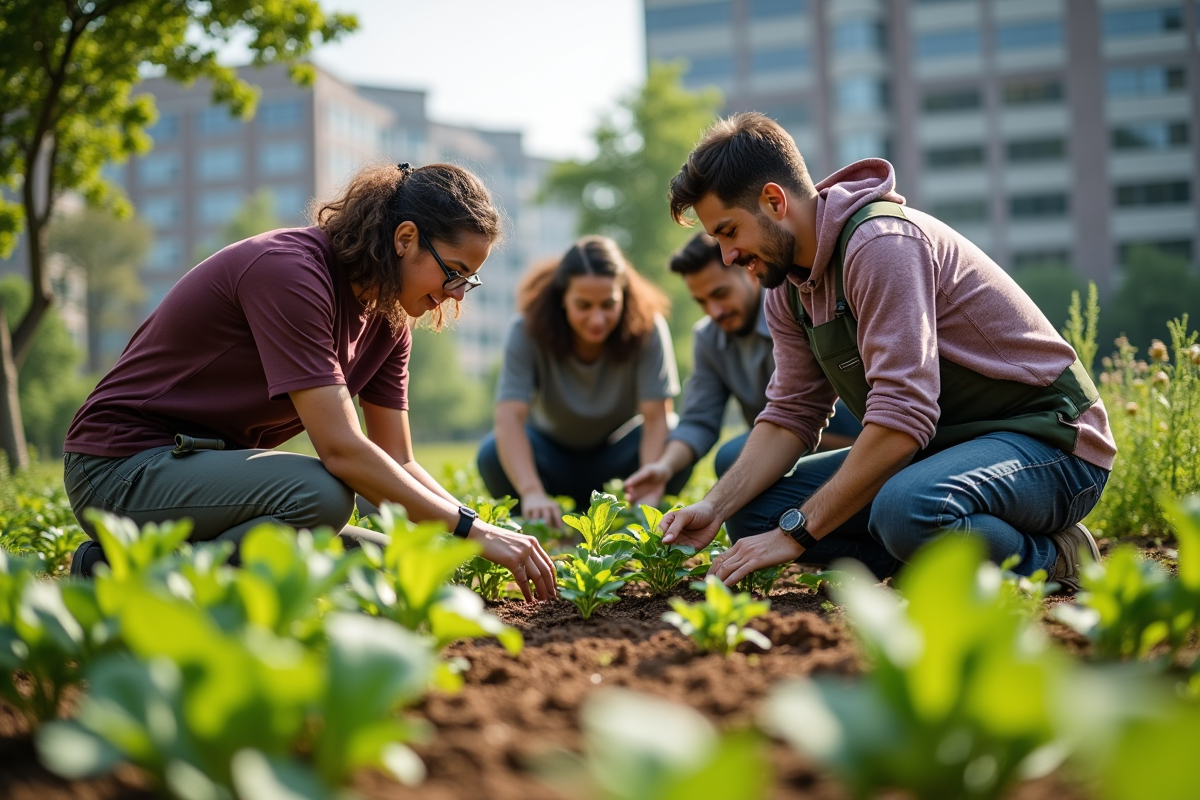 Groupe divers plantant des légumes dans un jardin urbain en plein jour