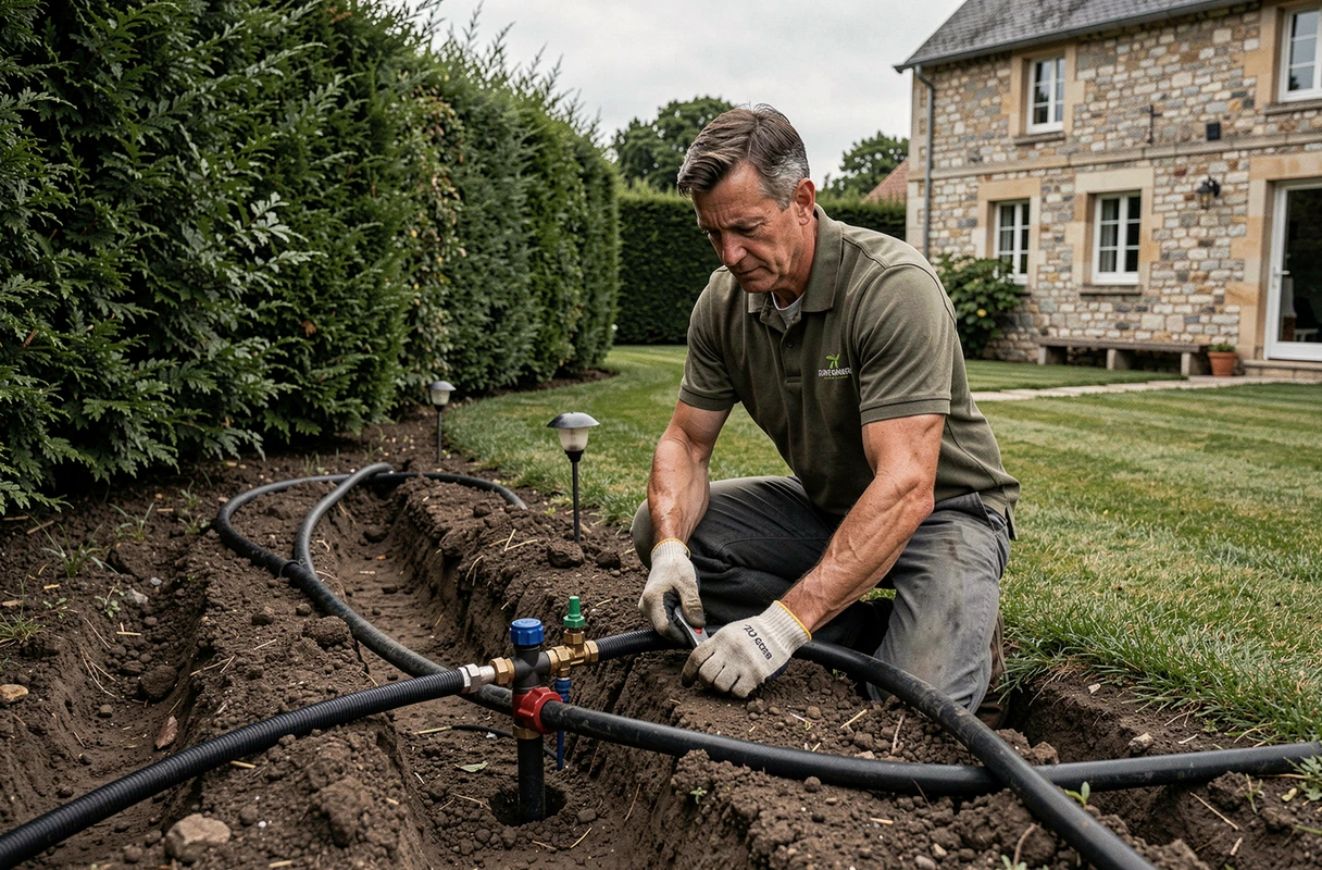 Paysagiste de Jardinature Marsac SASU installant un système d'irrigation automatique dans un jardin à Marsac-sur-l'Isle, Dordogne