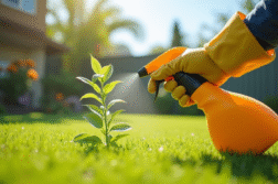 Main gantée pulvérisant un herbicide vert dans le jardin ensoleille