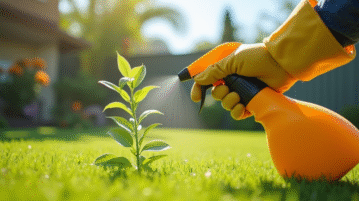 Main gantée pulvérisant un herbicide vert dans le jardin ensoleille