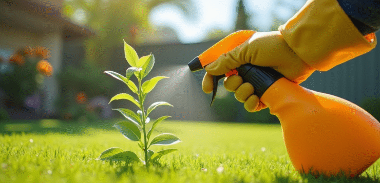 Main gantée pulvérisant un herbicide vert dans le jardin ensoleille