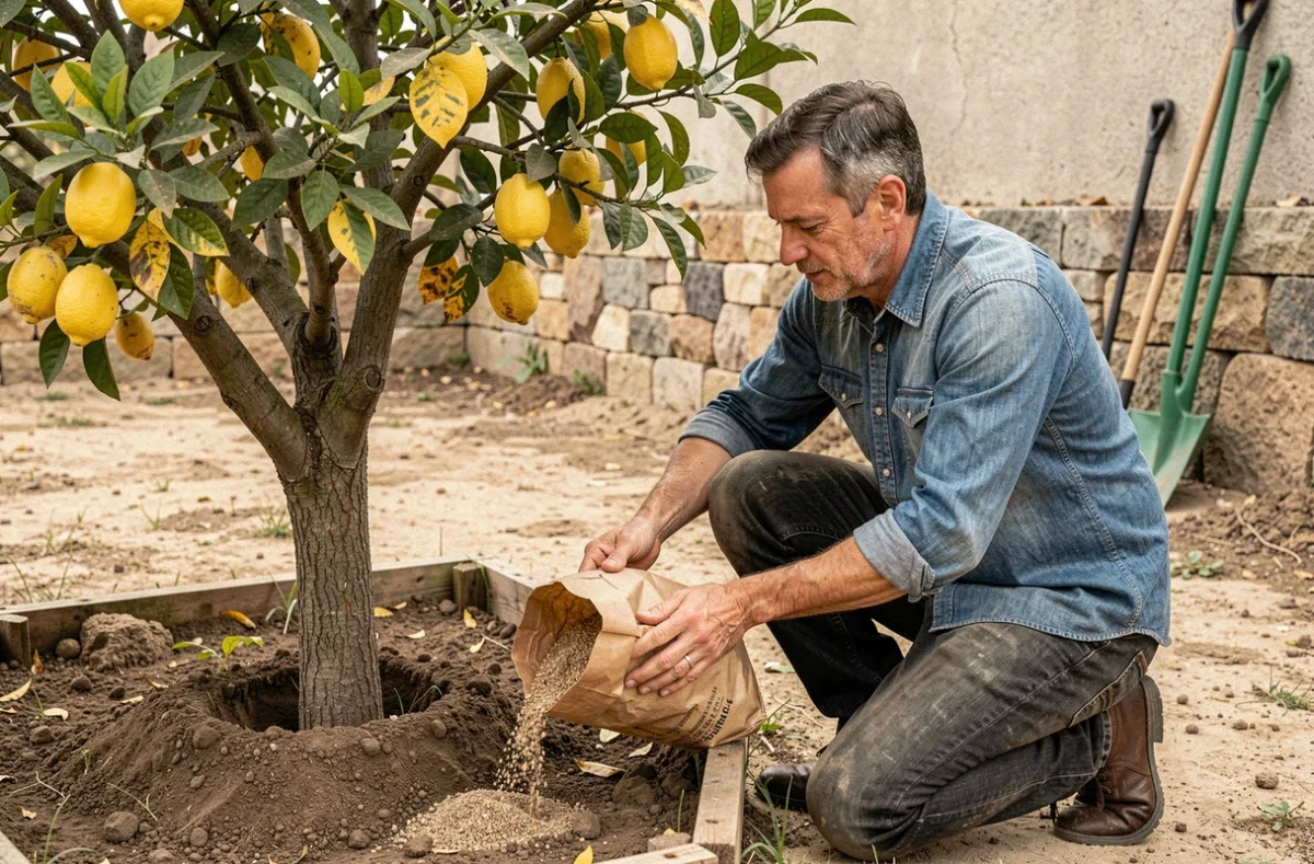 Jardinier apportant de l'engrais au pied d'un citronnier aux feuilles jaunissantes dans un jardin extérieur