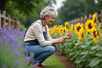 Femme jardiniere inspectant des fleurs de lavande et tournesol