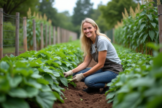 Femme souriante en jardinage avec légumes et herbes
