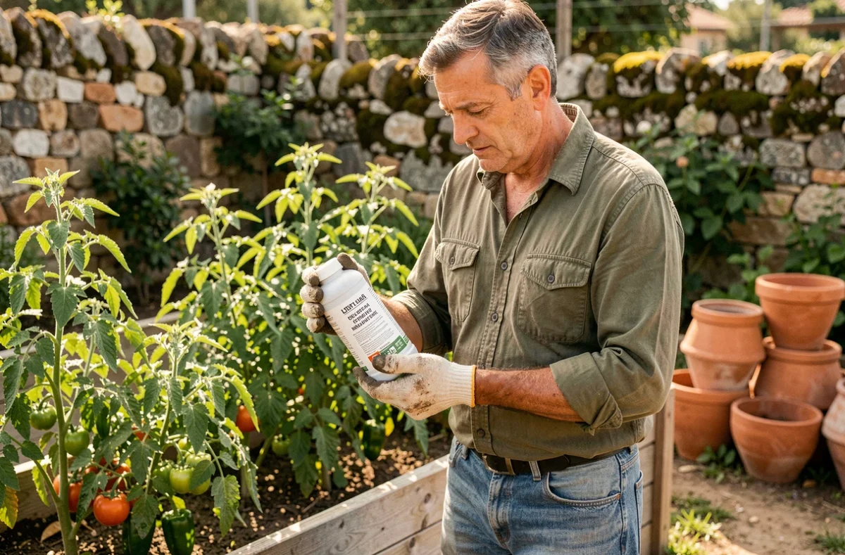Jardinier lisant l'étiquette d'une bouteille de glyphosate 1 litre dans un jardin potager méditerranéen