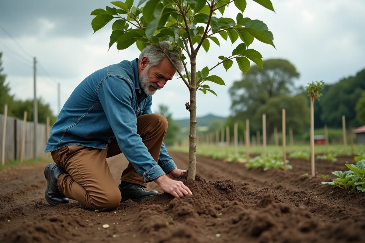 Jardinier tassant la terre autour d'un figuier nouvellement planté dans un potager rural