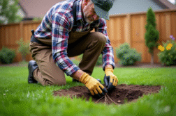 Jardinier au travail mesurant le sol dans un jardin résidentiel