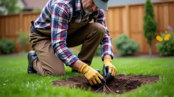Jardinier au travail mesurant le sol dans un jardin résidentiel