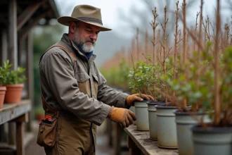Homme jardinier inspectant bougainvillées en pots dans un jardin d'hiver