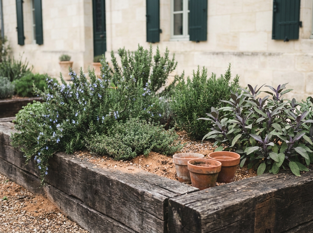 Jardinière en traverses de chêne avec plantes aromatiques devant une façade en pierre bordelaise aux volets verts