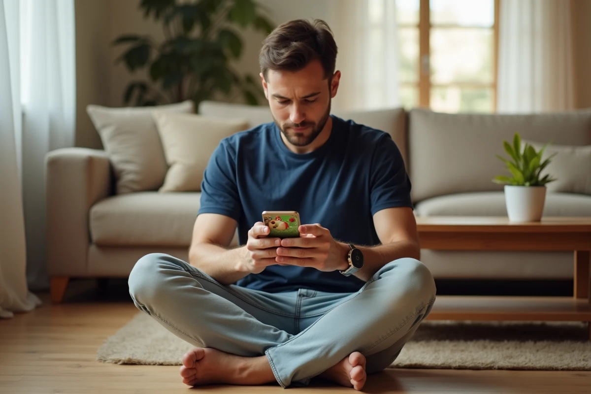 Homme jouant à un jeu de nain de jardin en mode hors ligne sur smartphone dans un salon cosy