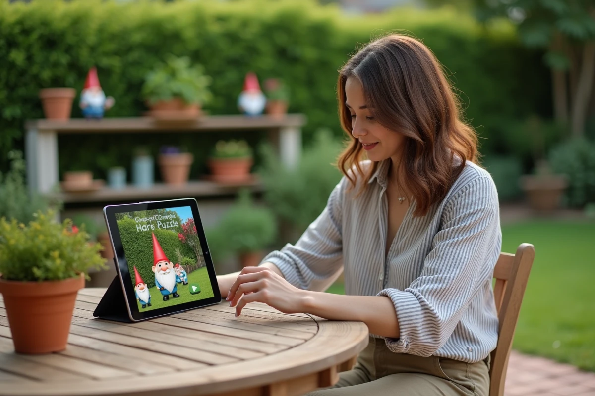 Femme jouant à un jeu de nain de jardin sur tablette dans un jardin extérieur sans connexion internet