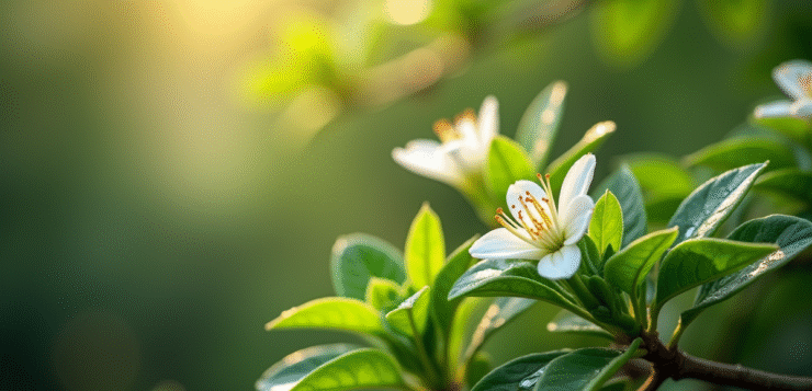 Jeune arbre de jade en fleurs avec feuilles vertes et fleurs blanches