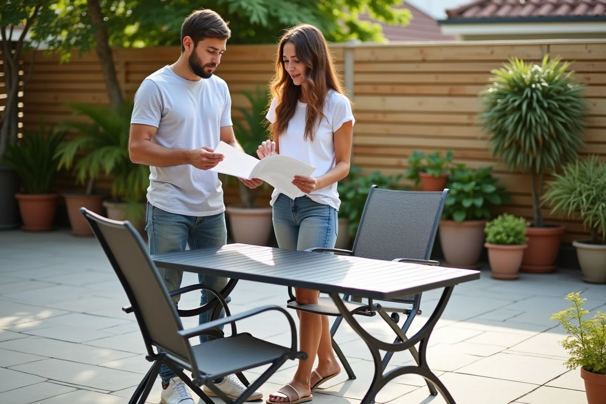 Jeune couple vérifiant une table de jardin en métal