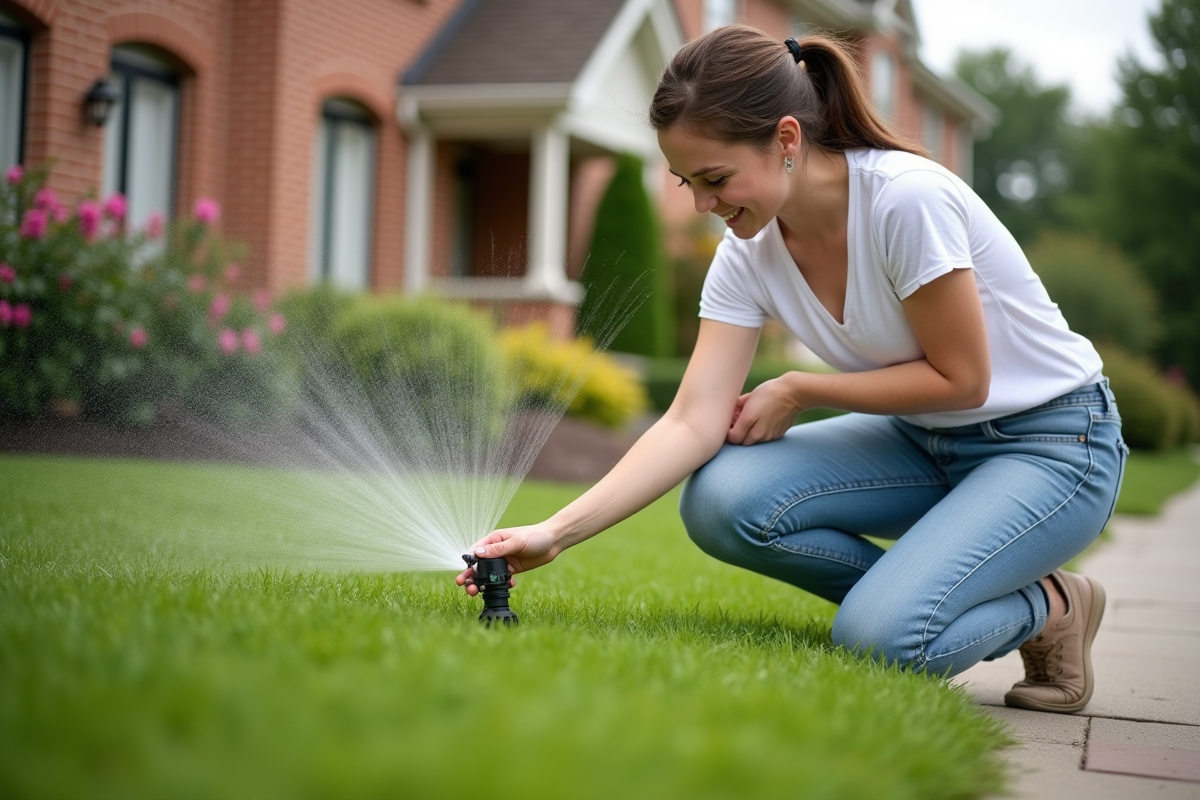 Jeune femme ajustant un arroseur dans son jardin résidentiel