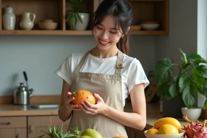 Jeune femme inspectant un ceriman dans une cuisine moderne
