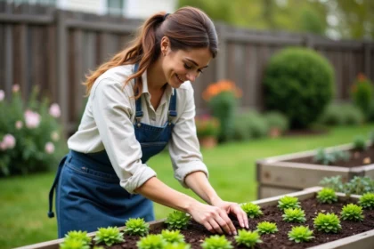 Jeune femme transplantant des lisianthus dans le jardin