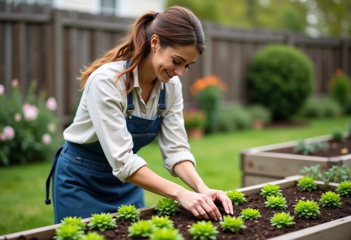 Jeune femme transplantant des lisianthus dans le jardin