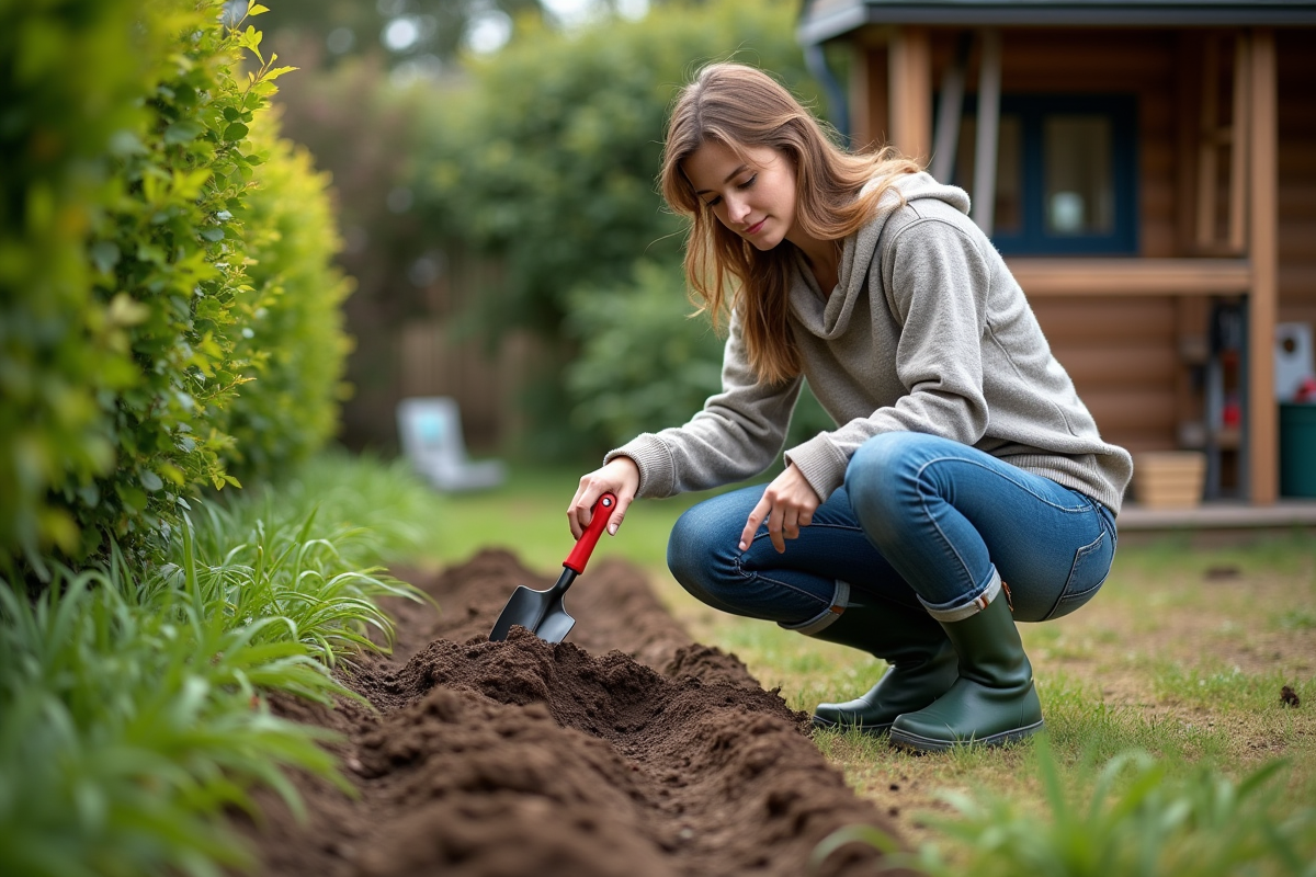 Jeune femme examinant la terre avec une petite pelle dans le jardin
