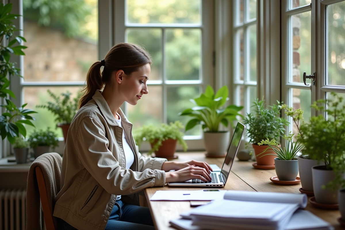 Jeune femme travaillant sur son ordinateur dans une véranda lumineuse