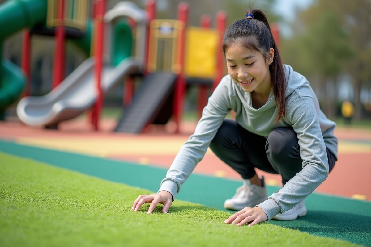 Jeune femme en tenue sportive inspectant le gazon synthétique