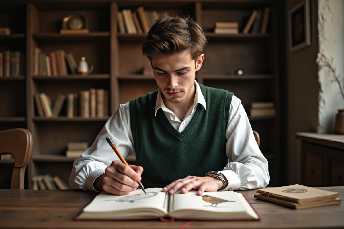 Jeune homme esquissant un robin dans un carnet dans un bureau
