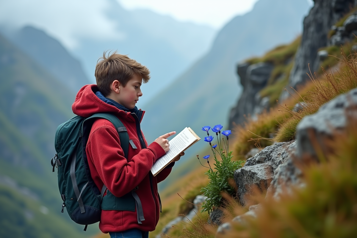 Jeune garçon pointant une fleur alpine sur un sentier de montagne