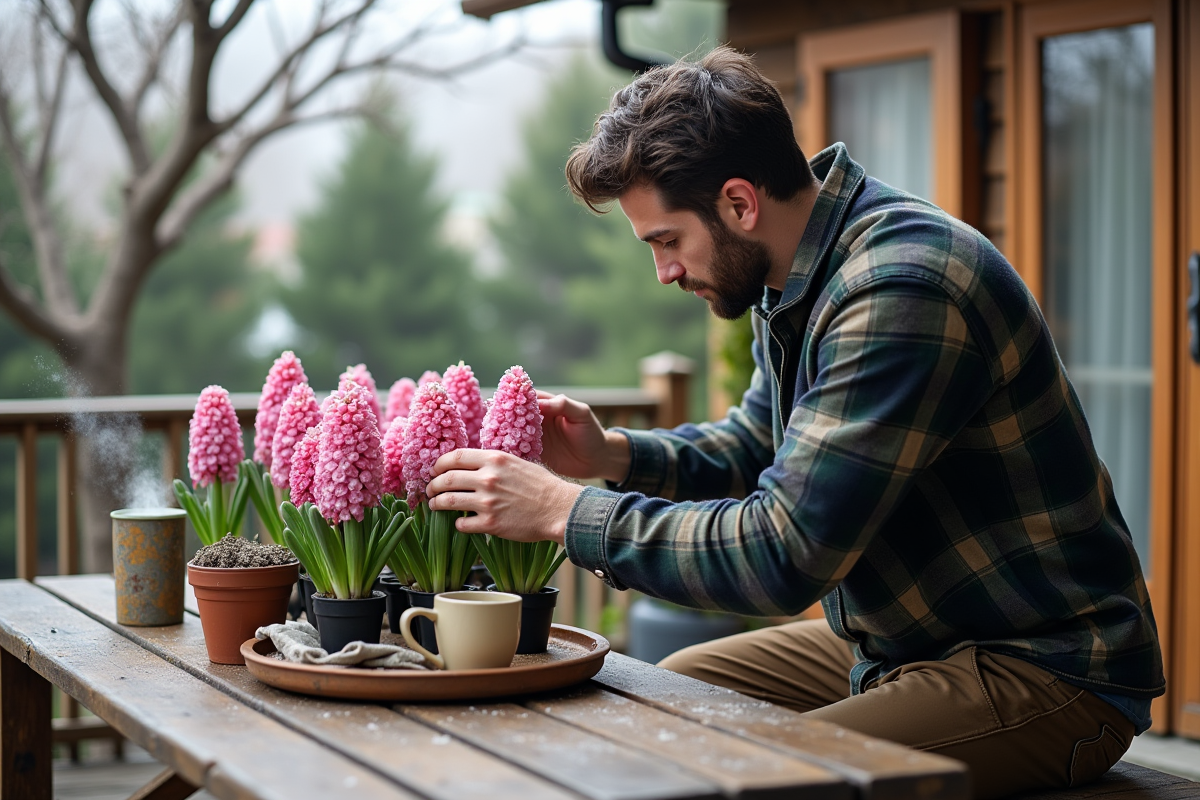 Jeune homme inspectant des hyacinths en pot sur une terrasse