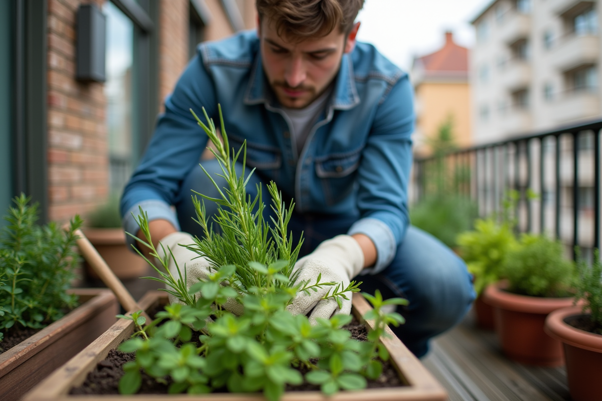 Jeune homme plantant des herbes aromatiques sur un balcon urbain