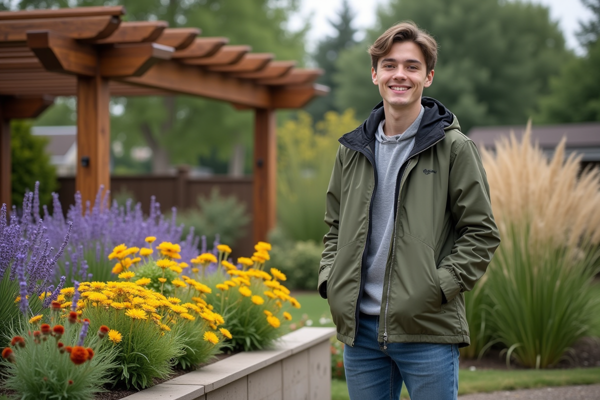 Jeune homme près d’un massif de fleurs colorées