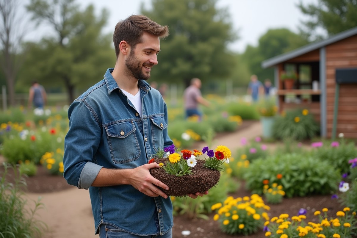 Jeune homme plantant des fleurs dans un jardin communautaire