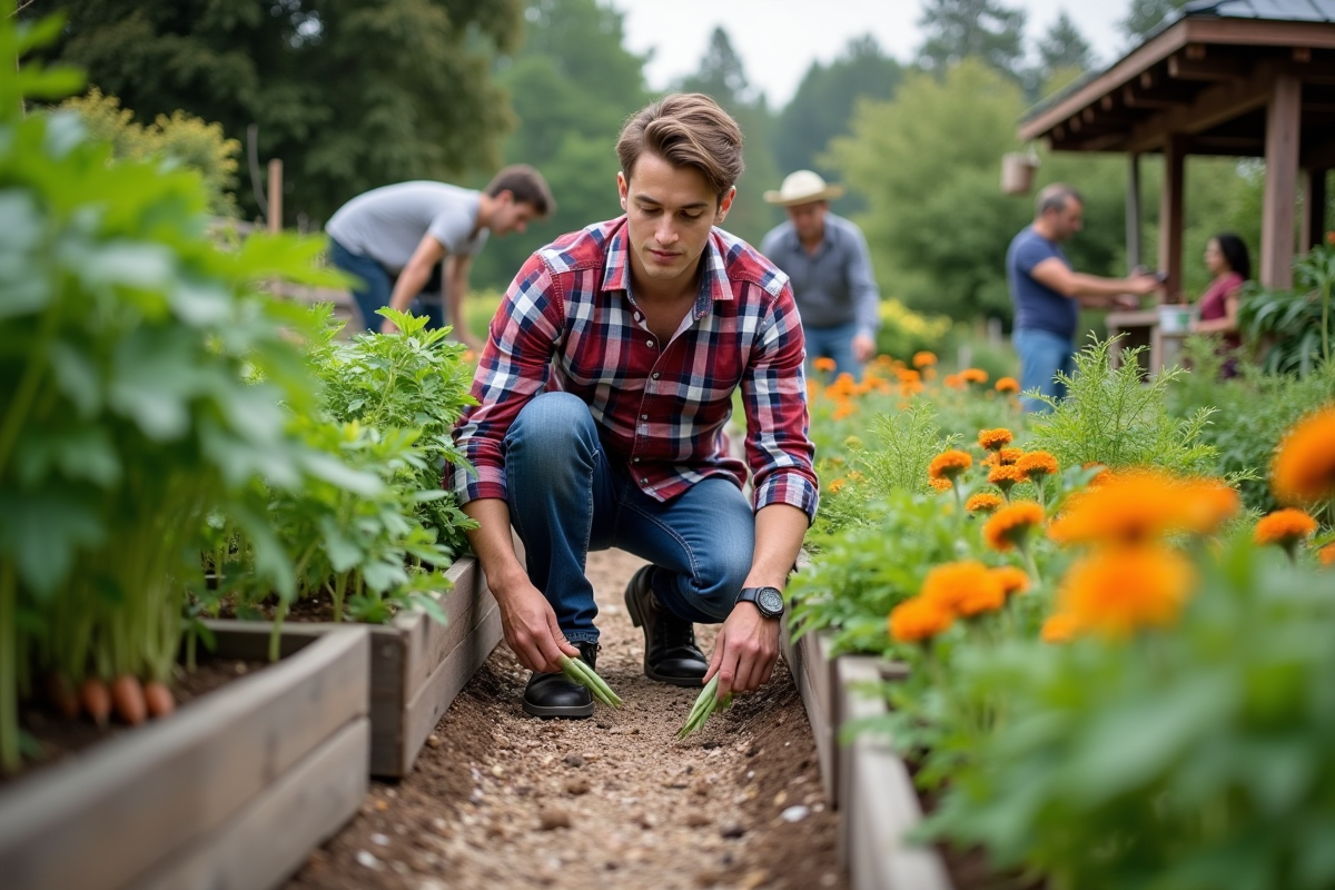 Jeune homme inspectant des légumes dans un jardin communautaire