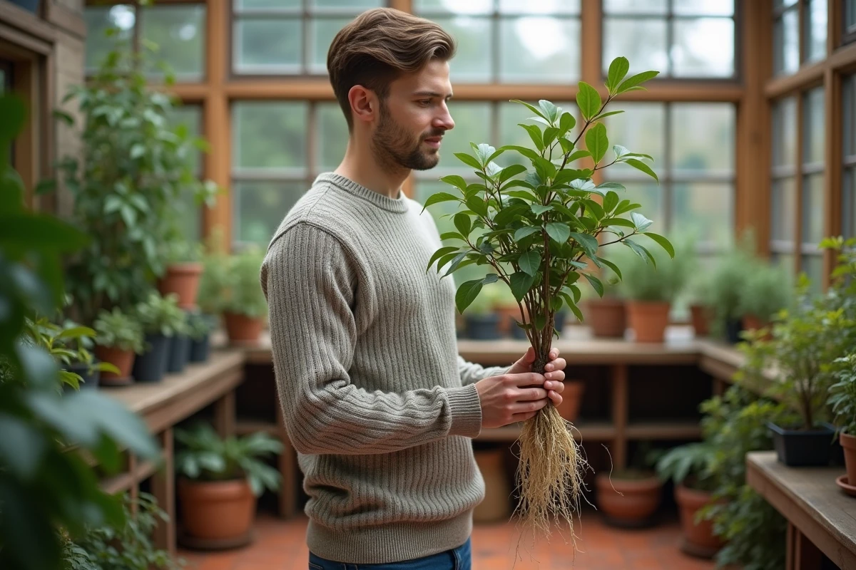 Jeune homme tenant un laurier avec racines dans une serre lumineuse