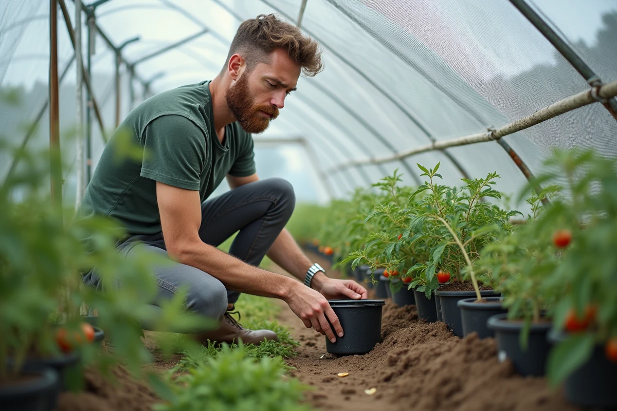 Jeune homme inspectant un filet sur des plants de tomates