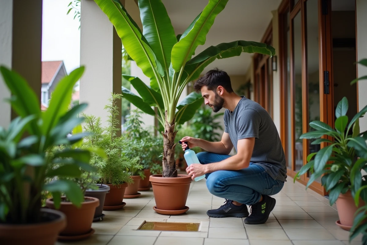 Jeune homme inspectant une plante de bananier avec fleur sur une véranda