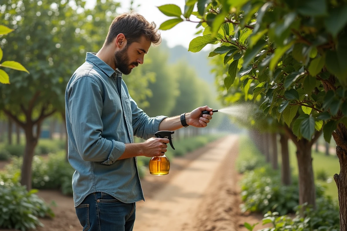 Jeune homme pulvérisant une solution naturelle sur un figuier