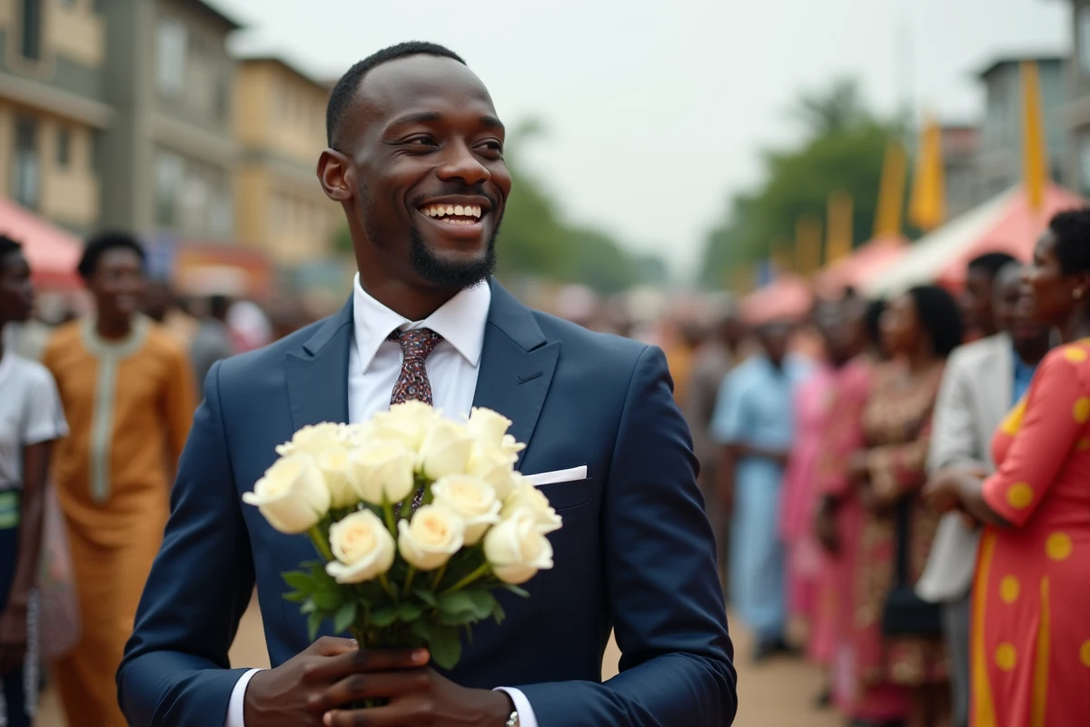 Jeune homme nigérian en costume offre des roses blanches