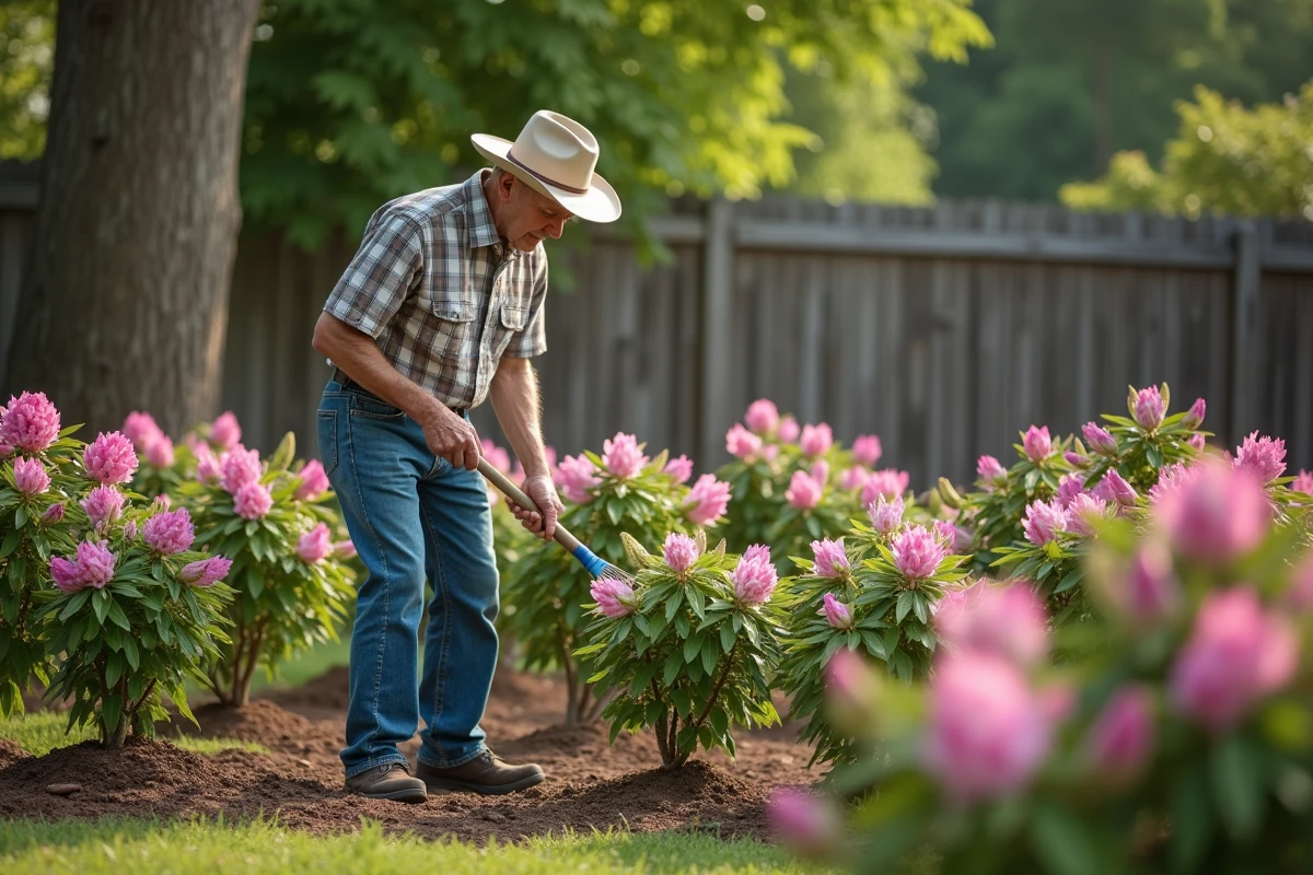 Homme âgé mulchant autour de jeunes rhododendrons dans le jardin