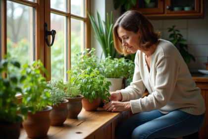 Femme cultivant des herbes fraîches dans une cuisine chaleureuse