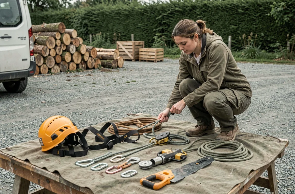 Élagueuse inspectant les composants d'un kit de grimpe professionnel disposés sur une bâche dans un dépôt arboricole