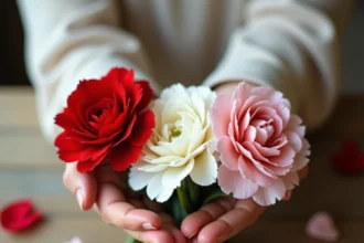 Bouquet d'œillets rouges, blancs et roses tenus dans les mains d'une femme, symbolisant le langage des fleurs
